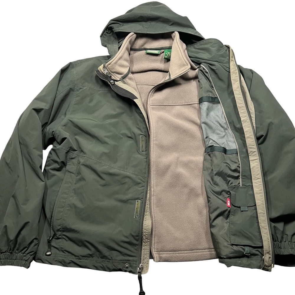 LL Bean Mens 3-in-1 Rain Jacket XL Green Fleece Lined Hooded Shell water 0BCY9